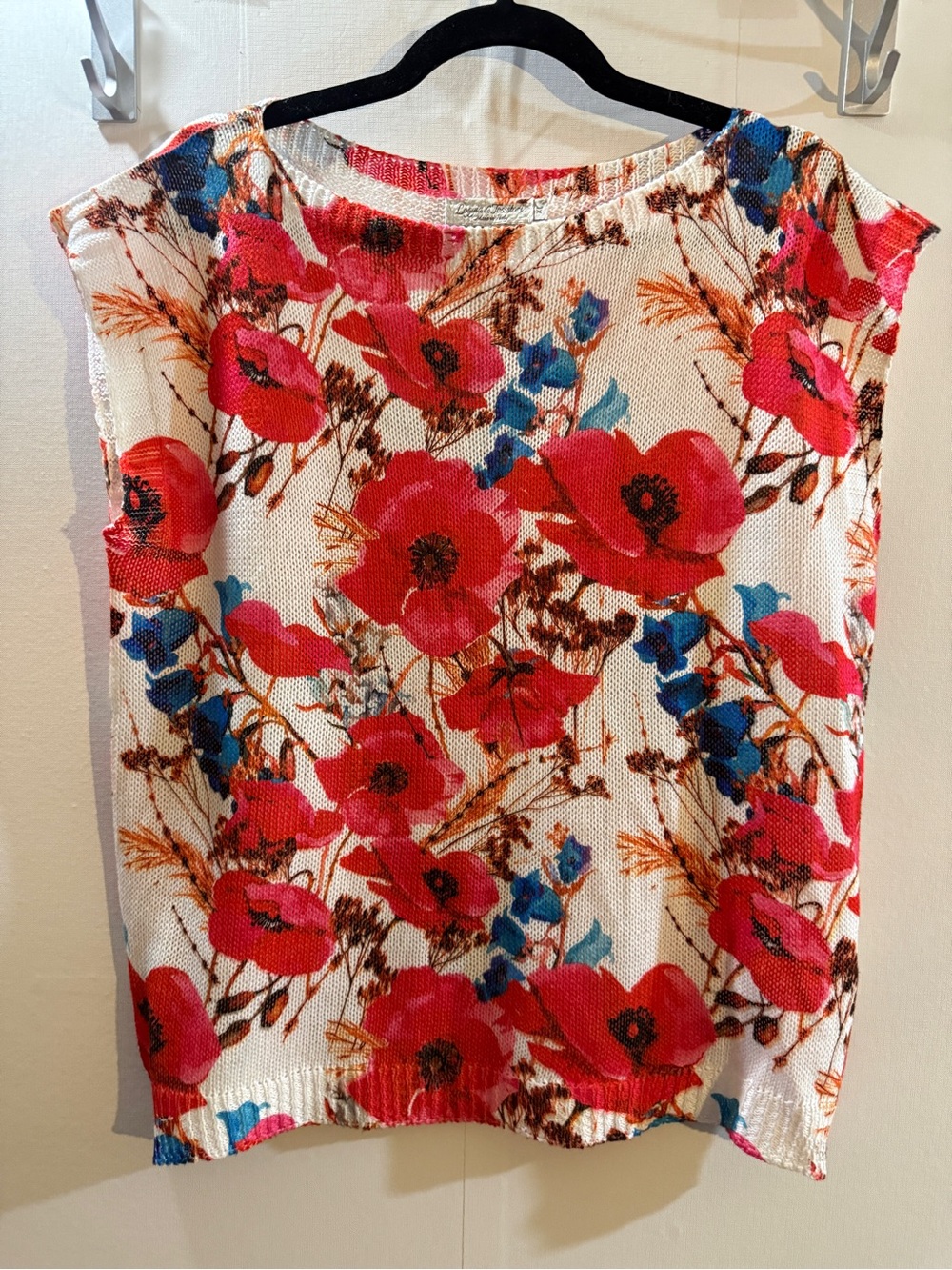 Loggia dei Tessitori Made in Italy Floral Open Knit Top XL Red Blue White Poppy